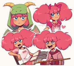  +_+ 1girl :d animal_costume artist_name bare_shoulders big_hair blunt_bangs book book_on_lap bow bowtie bra_strap breasts closed_mouth clothes_writing collared_shirt commentary commission cropped_legs cropped_torso dragon_costume english_commentary english_text frilled_sleeves frills grey_thighhighs hair_bow heart high_guardian_spice highres holding holding_book jacket lence long_sleeves looking_ahead looking_at_viewer multiple_views off-shoulder_shirt off_shoulder official_alternate_costume open_book open_mouth outline parted_lips pink_bow pink_bowtie pink_hair pink_jacket pink_shorts puffy_short_sleeves puffy_sleeves raglan_sleeves ribbed_thighhighs rosemary_(high_guardian_spice) second-party_source shirt short_hair short_shorts short_sleeves shorts simple_background small_breasts smile teeth thigh-highs tongue twintails upper_body upper_teeth_only white_background white_outline white_shirt yellow_pupils 