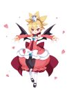  1girl aged_down asymmetrical_bangs back_bow black_footwear black_wings blonde_hair bow bright_pupils brooch child crown demon_girl detached_sleeves disgaea disgaea_rpg dress earrings full_body half_updo heart heart_brooch jewelry mary_janes non-web_source official_art open_mouth outstretched_arms pantyhose photoshop_(medium) pointy_ears puffy_dress red_eyes rozalin shoes short_hair solo spread_arms strapless strapless_dress transparent_background white_pantyhose wings 