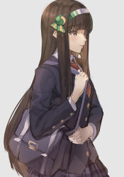  1girl absurdres alternate_hair_color bag black_hair black_jacket black_skirt blazer blunt_bangs brown_eyes buttons closed_mouth commentary cowboy_shot from_side hair_ornament hairband highres jacket long_hair long_sleeves midorin_567 necktie no_animal_ears plaid_clothes plaid_skirt red_necktie school_bag school_uniform shirt shoulder_bag silence_suzuka_(umamusume) simple_background skirt smile solo umamusume very_long_hair white_background white_hairband white_shirt 