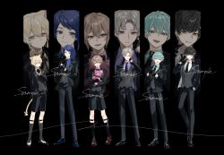  6+boys :/ :d adjusting_clothes adjusting_gloves ama._(utaite) animal_ears aqua_eyes aqua_hair aqua_shirt arm_behind_back belt belt_buckle black_background black_belt black_bow black_bowtie black_gloves black_hair black_jacket black_necktie black_pants black_ribbon black_shoes black_shorts black_socks black_suit blonde_hair blue_eyes blue_hair blue_shirt bow bowtie brown_shoes buckle cat_boy cat_ears cat_tail closed_mouth collared_shirt cross-laced_shoes crown_(symbol) curtained_hair dress_pants dress_shoes earrings egg_earrings expressionless facial_tattoo finger_to_mouth formal_clothes full_body gloves grey_eyes grey_hair grey_socks grey_vest hair_between_eyes hair_ornament hairclip half_gloves hand_in_pocket hand_on_own_neck heterochromia highres holding holding_stuffed_toy hugging_object jacket jewelry kaguya13_ils kanata_(utaite) komugiko_(utaite) lapel_pin lapels legwear_garter lineup long_sleeves looking_at_viewer male_focus masatoshi_(utaite) monk_shoes multicolored_hair multiple_boys neck_ribbon necktie notched_lapels official_art open_clothes open_jacket oxfords pants parted_bangs parted_lips paw_print paw_tattoo pink_eyes pink_hair pink_shirt purple_hair purple_shirt rabbit_hair_ornament re:_(utaite) ribbon saddle_shoes sample_watermark seven&#039;s_proud shirt shoes short_hair shorts simple_background single_earring smile socks standing streaked_hair stuffed_animal stuffed_cat stuffed_toy stuffing sueyoshi_kaki suit suit_jacket swept_bangs tail tail_bow tail_ornament tattoo traditional_bowtie utaite vest violet_eyes watermark white_shirt white_shoes yellow_eyes yellow_shirt zoom_layer 