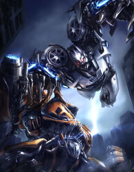  arm_cannon battle bumblebee_(transformers) city glowing glowing_eyes highres humanoid_robot mecha red_eyes robot science_fiction soundwave_(transformers) tory_youf transformers transformers:_dark_of_the_moon transformers_(live_action) weapon wheel 