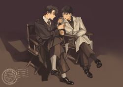  2boys black_coat black_eyes black_hair black_necktie black_shirt black_vest chair coat collared_shirt crossed_legs full_body hand_on_lap highres kim_dokja leaning_to_the_side lighting_cigarette looking_at_another male_focus multiple_boys necktie omniscient_reader&#039;s_viewpoint sepia shirt short_hair sitting smoking typo_koneko vest white_coat white_shirt wooden_chair yoo_joonghyuk 