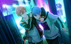  2boys ;d aoyagi_touya black_jacket black_pants blonde_hair blue_hair colorful_palette game_cg green_eyes grey_eyes hair_between_eyes hand_on_another&#039;s_head highres jacket layered_shirt male_focus multicolored_hair multiple_boys official_art one_eye_closed open_clothes open_jacket orange_hair pants period_of_nocturne_(project_sekai) project_sekai shinonome_akito shirt smile split-color_hair streaked_hair teeth third-party_source torn_clothes torn_pants two-tone_hair white_shirt 