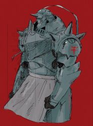  1boy alphonse_elric apron armor black_gloves clenched_hand cowboy_shot cropped_legs full_armor fullmetal_alchemist gloves highres horn_ornament horns ix_freesia male_focus pauldrons plate_armor plume red_background shoulder_armor shoulder_spikes solo spikes vambraces waist_apron 
