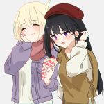  2girls absurdres anime_oekaki13 black_hair blonde_hair blush commentary_request crepe eating food fruit grey_background highres inoue_takina jacket long_hair long_sleeves lycoris_recoil multiple_girls nishikigi_chisato open_mouth purple_jacket red_headwear red_scarf scarf shirt short_hair simple_background strawberry upper_body violet_eyes white_shirt 