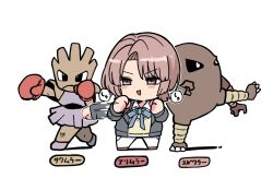  1girl :> afterimage arimura_mao blazer blue_bow blush_stickers bow boxing_gloves brown_eyes brown_hair brown_shoes character_name chibi collared_shirt commentary_request crossover gakuen_idolmaster grey_jacket hitmonchan hitmonlee idolmaster jacket kawamochi_(kawauti919) open_clothes open_jacket pants parted_bangs parted_lips pokemon pokemon_(creature) punching shadow shirt shoes simple_background smile standing standing_on_one_leg sweater_vest triangle_mouth v-shaped_eyebrows white_background white_pants white_shirt 