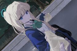  1girl bag black_skirt blonde_hair blue_archive blue_cardigan blue_eyes blue_halo bow bowtie cardigan green_bow halo highres kamo_(pixiv_14204392) long_sleeves looking_at_viewer outdoors pleated_skirt ponytail school_bag shirt skirt toki_(blue_archive) toki_(school_uniform)_(blue_archive) tree white_shirt 