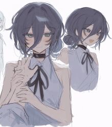  1boy 1girl :d bare_arms bare_shoulders black_choker black_hair black_ribbon chainsaw_man choker closed_mouth collarbone collared_shirt cropped_torso denji_(chainsaw_man) double-parted_bangs green_eyes hair_between_eyes hair_bun hair_intakes half-closed_eyes hands_on_another's_arm highres inagoinaire long_hair_between_eyes looking_at_viewer multiple_views neck_ribbon open_mouth pov pov_hands reze_(chainsaw_man) ribbon shirt short_hair simple_background single_hair_bun sleeveless sleeveless_shirt smile sweat tsurime white_background white_shirt 