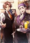  2boys :d black_vest blurry blurry_background brown_hair character_request earrings food fruit hand_on_own_hip heart highres holding holding_tray human_bug_daigaku indoors jewelry long_sleeves looking_at_viewer male_focus mazyogarinokuni multiple_boys necktie orange_(fruit) orange_juice orange_slice purple_hair purple_necktie red_necktie short_hair smile thick_eyebrows tray vest violet_eyes waiter 