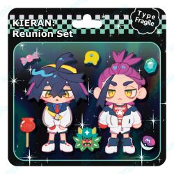 2boys :< blueberry_academy_school_uniform candy candy_apple closed_mouth commentary_request crossed_bangs english_text food gloves hairband iogi_(edrin_alfari) jacket jitome kieran_(pokemon) league_club_uniform long_sleeves male_focus master_ball multicolored_eyes multicolored_hair multiple_boys necktie ogerpon open_mouth poke_ball pokemon pokemon_sv red_necktie school_uniform shirt shoes shorts single_bang single_glove sleeveless sleeveless_shirt slit_pupils sparkle standing thick_eyebrows triangle_mouth white_jacket white_shoes yellow_hairband 