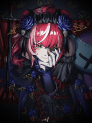  1girl black_bonnet black_dress blush bonnet bow colored_skin double_bun dress flower frilled_dress frills goth_fashion gothic_lolita grey_hair grey_skin hair_bun hairband heterochromia highres hololive hololive_indonesia kureiji_ollie lolita_fashion lolita_hairband long_hair looking_at_viewer misteri2908 multicolored_hair multicolored_skin patchwork_skin pop_tab red_eyes red_hair ribbon smile solo stitched_arm stitched_face stitched_leg stitched_torso stitches suntiang symbol-shaped_pupils twintails two-tone_skin udin_(kureiji_ollie) virtual_youtuber x-shaped_eyewear x-shaped_pupils yellow_eyes zombie 