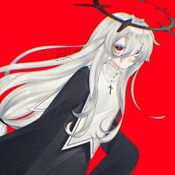  1girl black_dress black_ribbon bright_pupils buttons chromatic_aberration closed_mouth colored_eyelashes cross dress expressionless gekiyaku hair_between_eyes hair_ribbon halo highres jitome long_hair long_sleeves looking_at_viewer low-tied_long_hair red_background red_eyes ribbon signature simple_background sleeves_past_fingers sleeves_past_wrists solo treebarkagain utau very_long_hair very_long_sleeves white_hair white_pupils 