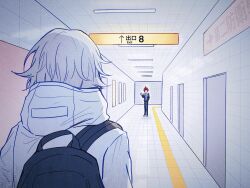  2boys absurdres ahoge aotsuki_eito backpack bag bilingual_text black_bag black_pants black_streaks blue_jacket chinese_commentary commentary english_text grey_hair grey_jacket highres hood hoodie indoors jacket jacket_over_hoodie looking_at_another male_focus mixed-language_text mizongwenwu multicolored_hair multicolored_jacket multiple_boys no_eyes open_clothes open_jacket pants red_hair short_hair sign streaked_hair sumino_takumi the_exit_8 the_hundred_line_-last_defense_academy- train_station two-tone_jacket waving white_hoodie white_jacket 