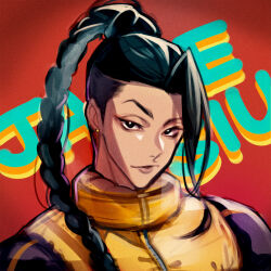  1boy black_hair braid bright_pupils character_name commentary_request earrings highres jamie_siu jewelry long_braid long_hair looking_at_viewer male_focus parted_lips red_background sideburns solo street_fighter street_fighter_6 tantan_notan upper_body v-shaped_eyebrows white_pupils 