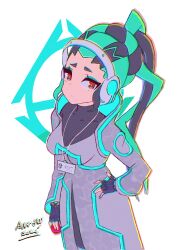  1girl absurdres aurax118 black_gloves black_hair breasts closed_mouth commentary english_commentary eyelashes eyeshadow fingerless_gloves flat_color gloves green_eyeshadow green_hair green_pupils hand_on_own_hip headset highres holding id_card lab_coat long_hair long_sleeves makeup multicolored_hair pokemon pokemon_unite ponytail professor_phorus red_eyes signature simple_background solo two-tone_hair white_background 