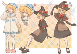  1girl absurdres apron artist_request black_capelet black_gloves black_hat black_shoes black_skirt black_vest blonde_hair blue_eyes blue_hat blush bow bowtie braid brown_apron buttons capelet commission cookie_(touhou) elbow_gloves full_body gloves hair_bow hat hat_bow highres holding holding_stuffed_toy kirisame_marisa looking_at_viewer mary_janes meguru_(cookie) multiple_views nightcap nightgown one_eye_closed open_mouth pantyhose pink_slippers red_bow red_bowtie second-party_source shoes short_hair side_braid single_braid skirt skirt_set slippers standing stuffed_animal stuffed_toy teddy_bear touhou vest waist_apron white_nightgown white_pantyhose witch_hat 