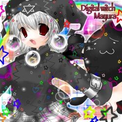 1girl 1other 2000s_(style) :3 :d bat_wings belt black_hat black_headwear black_shirt black_sleeves black_wings blush breasts canihavepromo character_name checkered checkered_background checkered_clothes checkered_skirt earrings english_text fang female hat headwear heart jester_cap kuro_unyuu lens_flare lens_flare_abuse long_sleeves mayura multicolored_background open_mouth pale_skin red_eyes short_hair simple_background skirt star_(symbol) text turtleneck turtleneck_shirt ukagaka white_hair white_skirt wings