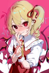 1girl ascot blonde_hair blush cardiogram closed_mouth collared_shirt commentary cowboy_shot double-parted_bangs drill_hair english_commentary flandre_scarlet frilled_shirt_collar frills hair_between_eyes hair_ribbon heart heart-shaped_pupils heart_in_eye highres long_hair looking_at_viewer no_headwear one_side_up paragasu_(parags112) pink_background pointy_ears puffy_short_sleeves puffy_sleeves red_eyes red_ribbon red_skirt red_vest ribbon shirt short_sleeves skirt solo string string_of_fate sweat symbol-shaped_pupils symbol_in_eye touhou vest wavy_mouth white_shirt wings wrist_cuffs yellow_ascot 