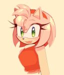  1girl amy_rose animal_ears animal_nose bare_shoulders breasts dress eyelashes fang furry furry_female green_eyes hairband hedgehog_ears hedgehog_girl highres looking_at_viewer medium_breasts open_mouth pink_fur red_dress red_hairband simple_background sleeveless sleeveless_dress smile solo sonic_(series) upper_body xammyoowah yellow_background 