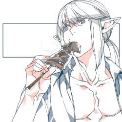  1boy collarbone eating elezen elf estinien_varlineau final_fantasy final_fantasy_xiv grey_eyes grey_shirt hair_between_eyes hair_tie hiryuu_(kugelcruor) ikayaki long_hair male_focus open_clothes open_shirt pectorals pointy_ears ponytail shirt sidelocks solo steaming_food upper_body white_background white_hair 