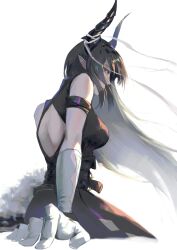  1girl absurdres arknights bare_shoulders black_dress black_hair black_horns breasts commentary cropped_torso demon_horns dress gloves highres horn_ornament horn_ribbon horns long_hair looking_at_viewer looking_to_the_side pointy_ears qalaisa_(arknights) ribbon solo tometome1342 very_long_hair white_background white_gloves 