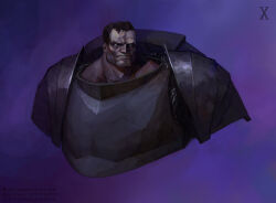  1boy absurdres armor artist_name artstation_logo artstation_username black_hair breastplate chainmail closed_mouth commentary english_commentary ferrus_manus full_armor highres instagram_logo instagram_username iron_hands_(warhammer) patreon_logo patreon_username pauldrons potoq power_armor primarch purple_background roman_numeral short_hair shoulder_armor simple_background solo warhammer_40k white_eyes 