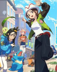  absurdres ahoge baguette bell-bottoms belt bird black_hair blonde_hair blue_eyes blue_hoodie blue_shirt bread breasts brown_eyes brown_hair brown_jacket building chikorita closed_eyes closed_mouth cube_hair_ornament day earclip fangs fletchling food green_jacket grey_eyes grin hair_ornament harmony_(pokemon) hat highres holding hood hood_down hoodie hsin jacket leaf leggings lida_(pokemon) long_hair long_sleeves looking_at_viewer lumiose_city multiple_boys multiple_girls on_shoulder open_clothes open_jacket open_mouth orange_leggings outdoors pants pokemon pokemon_(creature) pokemon_legends:_z-a pokemon_on_shoulder prism_tower sharp_teeth shirt shoes short_hair smile spritzee striped_hat tail teeth tepig topknot totodile two-tone_legwear urbain_(pokemon) white_hat white_leggings white_shirt wispy_bangs 