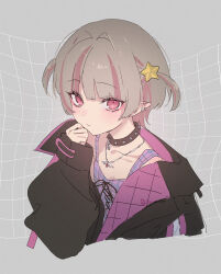  1girl black_collar black_jacket blunt_bangs blush closed_mouth collar collarbone colored_inner_hair crop_top cropped_torso cross-laced_clothes cross-laced_top ear_cuffs grey_background grey_hair hair_intakes hand_to_own_mouth highres ichi_san_neruzo jacket jewelry looking_at_viewer makaino_ririmu makaino_ririmu_(6th_costume) multicolored_hair necklace nijisanji no_headwear open_clothes open_jacket pendant pink_hair pink_jacket pink_streaks plaid_clothes pointy_ears red_eyes short_hair simple_background sleeves_past_wrists solo spiked_collar spikes star_(symbol) streaked_hair two-sided_fabric two-sided_jacket two-tone_hair two_side_up virtual_youtuber wolf_cut 