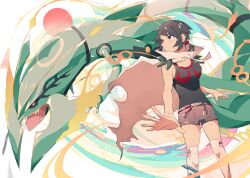  1girl bad_id bad_tumblr_id bare_arms black_hair black_sclera breasts cape colored_sclera grey_shorts mega_pokemon mega_rayquaza parted_lips pokemon pokemon_(creature) pokemon_oras rayquaza red_eyes short_hair shorts sioma709iie torn_cape torn_clothes zinnia_(pokemon) 