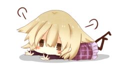 1girl artist_request black_pantyhose blonde_hair blue_skirt blush brown_eyes checkered checkered_clothes chibi chibi_only clumsy pale_skin pantyhose purple_sleeves purple_sweater shadow short_hair simple_background skirt solo solo_focus sweater urotsuki white_background yume_2kki