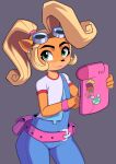  1girl belt blonde_hair blue_overalls coco_bandicoot crash_bandicoot_(series) earrings goggles goggles_on_head green_eyes grey_background highres holding holding_tablet_pc jewelry looking_at_viewer medium_hair ninelean overalls pink_belt ponytail shirt simple_background solo tablet_pc white_shirt 