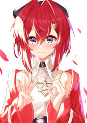  1girl absurdres ange_katrina ange_katrina_(2nd_costume) armpit_crease black_bow blue_eyes blush bow closed_mouth collarbone collared_shirt commentary_request crossed_bangs double-parted_bangs falling_petals finger_counting gold_necklace gradient_eyes hair_between_eyes hair_bow hair_intakes hair_ornament halter_shirt halterneck hands_up highres jacket jewelry lips long_bangs long_sleeves looking_at_viewer multicolored_eyes necklace nijisanji open_clothes open_jacket petals pink_eyes red_hair red_jacket red_petals shirt shirt_tucked_in short_hair sleeveless sleeveless_shirt smile solo straight-on textless_version triangle_hair_ornament upper_body viet_(yomi0556) virtual_youtuber white_background white_shirt 