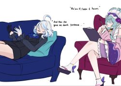  2girls ahoge aqua_hair armchair ascot asymmetrical_gloves bare_legs bare_shoulders bell bell_sleeves black_choker black_gloves black_sandals black_shirt black_shorts black_vest blue_ascot blue_streaks calligraphy_brush chair choker clipboard commentary couch crossed_legs cushion dated_commentary detached_sleeves double-parted_bangs english_commentary english_text faceless faceless_female flat_color frilled_sleeves frills furina_(genshin_impact) genshin_impact gloves hair_between_eyes half_gloves highres holding holding_calligraphy_brush holding_clipboard holding_paintbrush japanese_clothes jingle_bell kimono long_sleeves lying maid_headdress mamaprofennn mismatched_gloves multicolored_hair multiple_girls neck_bell nihongami no_eyes okobo on_back on_couch open_mouth ouji_fashion paintbrush pink_kimono pink_sleeves platform_sandals sandals shirt short_hair short_kimono short_shorts shorts simple_background sitting sleeveless sleeveless_kimono socks streaked_hair tabi talking two-tone_hair vest waistcoat white_background white_gloves white_hair white_socks wide_sleeves yumemizuki_mizuki 