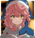  1girl blue_headwear blurry blurry_background breasts closed_mouth green_eyes hair_between_eyes hat large_breasts looking_at_viewer medium_hair okunoda_miyoi pink_hair portrait smile solo touhou uisu_(noguchipint) whale_hat 
