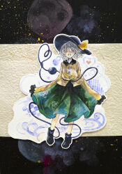  1girl bowler_hat full_body green_skirt hat ikeda_ruriko komeiji_koishi long_sleeves looking_at_viewer medium_hair shirt skirt solo touhou traditional_media wide_brim yellow_shirt 