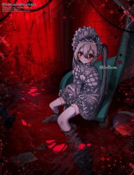  1girl :/ black_dress blood blood_splatter bonnet bow cleaver closed_mouth dot_mouth dress frilled_bonnet frilled_sleeves frills grey_hair grey_leg_warmers hair_between_eyes hakurokku hand_between_thighs hat hat_ribbon highres leg_warmers long_hair long_sleeves looking_at_viewer original padded_sleeves puffy_short_sleeves puffy_sleeves red_eyes red_theme red_water ribbon short_sleeves sitting solo thigh-highs tile_floor tile_wall tiles twintails twitter_username very_long_hair wading water_slide watermark white_bonnet white_bow white_ribbon white_thighhighs yume_kawaii zettai_ryouiki 