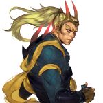  1boy blonde_hair fingerless_gloves gloves gradient_horns highres horns long_hair male_focus multicolored_horns ponytail red_eyes ritsu_hsiao scarf solo tale_of_wuxia thick_eyebrows upper_body white_background yellow_scarf 