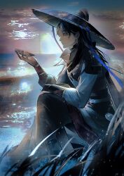  1boy absurdres bandana bandana_around_neck black_bandana black_hair black_hat bowl earl_(path_to_nowhere) forehead from_side full_body hair_through_headwear hat highres holding holding_bowl lake large_hat long_hair looking_at_object male_focus multicolored_hair parted_bangs path_to_nowhere qingci reeds rope_belt sash shoulder_pads sitting solo streaked_hair sunrise 