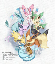  :d bright_pupils brown_eyes closed_eyes closed_mouth commentary_request eevee espeon evolutionary_line flareon glaceon jolteon leafeon no_humans open_mouth pokemon pokemon_(creature) pokemon_focus smile sylveon umbreon vaporeon violet_eyes watermark yamanashi_taiki 