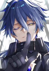 1boy black_gloves blue_hair colored_eyelashes commentary_request crossed_bangs double-parted_bangs flins_(genshin_impact) genshin_impact gloves highres index_finger_raised long_hair looking_at_viewer male_focus necoco112061 one_eye_closed portrait solo upper_body watermark wing_collar yellow_eyes 