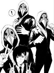  ! 1boy 1girl chainsaw_man closed_mouth collared_shirt greyscale hair_ornament higashiyama_kobeni highres hood hood_up hoodie jacket long_sleeves mole mole_under_mouth monochrome multiple_views plague_doctor_mask shirt short_hair simple_background single_sidelock spoken_exclamation_mark sso_s suit_jacket v violence_fiend_(chainsaw_man) white_background 