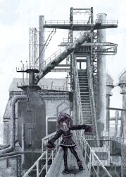  1girl absurdres black_jacket black_necktie black_pantyhose black_shoes closed_mouth collared_shirt factory fallenshadow frown grey_hair grey_hat hat highres indie_virtual_youtuber industrial_pipe jacket long_sleeves looking_at_viewer necktie outdoors pantyhose peaked_cap railing sample_watermark shirt shoes sleeves_past_fingers sleeves_past_wrists solo stairs standing standing_on_one_leg thefatum virtual_youtuber watermark wide_sleeves 
