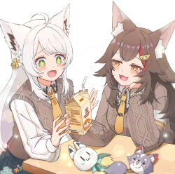  2girls ahoge animal_ears black_hair blue_eyes fang fox_ears fox_girl grey_hair hair_ornament hairpin highres holding_carton hololive long_hair looking_at_another mia960 multicolored_hair multiple_girls official_alternate_costume ookami_mio ookami_mio_(10th_costume) shirakami_fubuki shirakami_fubuki_(11th_costume) skin_fang smile streaked_hair table very_long_hair virtual_youtuber white_hair wolf_ears wolf_girl yellow_eyes 