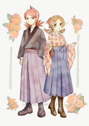  1boy 1girl :o alternate_costume asuka_rkgk boots brown_boots brown_eyes brown_hair closed_mouth commentary_request cowlick flower hakama hakama_skirt highres japanese_clothes kimono long_hair looking_at_viewer lyra_(pokemon) open_mouth parted_bangs pokemon pokemon_hgss red_hair silver_(pokemon) skirt standing twintails violet_eyes 