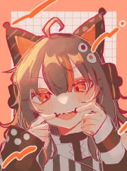  1girl ahoge animal_ear_headphones animal_ears black_hair cat_ear_headphones cat_ears commentary_request fake_animal_ears fingersmile hair_between_eyes hands_up headphones highres long_hair long_sleeves looking_at_viewer magical_girl mahou_shoujo_no_majo_saiban masashi_(e_kakka) mouth_pull multicolored_hair open_mouth orange_background orange_eyes sawatari_coco sharp_teeth smile solo teeth upper_body 