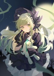  1girl absurdres animal_ears arknights bang_dream! bang_dream!_it&#039;s_mygo!!!!! black_bonnet black_dress black_gloves bonnet bug butterfly chinese_commentary commentary_request cowboy_shot dress floppy_ears full_moon gloves glowing gothic_lolita green_hair green_ribbon hair_ornament highres holding holding_stuffed_toy lolita_fashion long_hair long_sleeves looking_at_viewer moon night night_sky rabbit_ears rabbit_girl ribbon sidelocks sky solo standing stuffed_animal stuffed_rabbit stuffed_toy wakaba_mutsumi wakaba_mutsumi_(marionette&#039;s_id) x_hair_ornament yellow_eyes yinranluo 