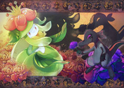  closed_mouth commentary_request flower flower_request full_body holding holding_flower iroha_nibi letterboxed light_particles lilligant no_humans pokemon pokemon_(creature) red_eyes salandit shadow violet_eyes 