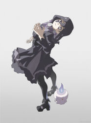  1girl bags_under_eyes black_corset black_dress black_hair black_pantyhose breasts candle closed_mouth corset dress earrings fire hair_between_eyes hex_maniac_(pokemon) hex_maniac_(pokemon_legends:_z-a) highres jewelry juliet_sleeves kmconceptart litwick long_hair long_sleeves looking_at_viewer neck_ribbon pantyhose pokemon pokemon_(creature) pokemon_legends:_z-a puffy_sleeves purple_fire purple_ribbon ribbon shoes simple_background smile violet_eyes yellow_eyes 