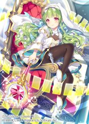  1girl animal_ear_headwear aqua_ribbon breasts brown_pantyhose closed_mouth copyright_notice dress gold_trim green_hair hair_ribbon holding holding_staff official_art pantyhose pink_eyes ribbon see-through_cleavage see-through_clothes shitorii_nina shoes sitting sitting_on_throne small_breasts solo sparkle staff veil wasabi_(sekai) white_dress white_shoes z/x 