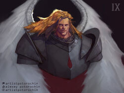  1boy angel_wings armor artist_name artstation_logo artstation_username blonde_hair blood_angels breastplate brown_eyes chainmail closed_mouth commentary english_commentary feathered_wings grey_armor highres instagram_logo instagram_username light_smile long_hair looking_at_viewer patreon_logo patreon_username pauldrons potoq power_armor primarch roman_numeral sanguinius shoulder_armor simple_background smile solo warhammer_40k white_wings wings 